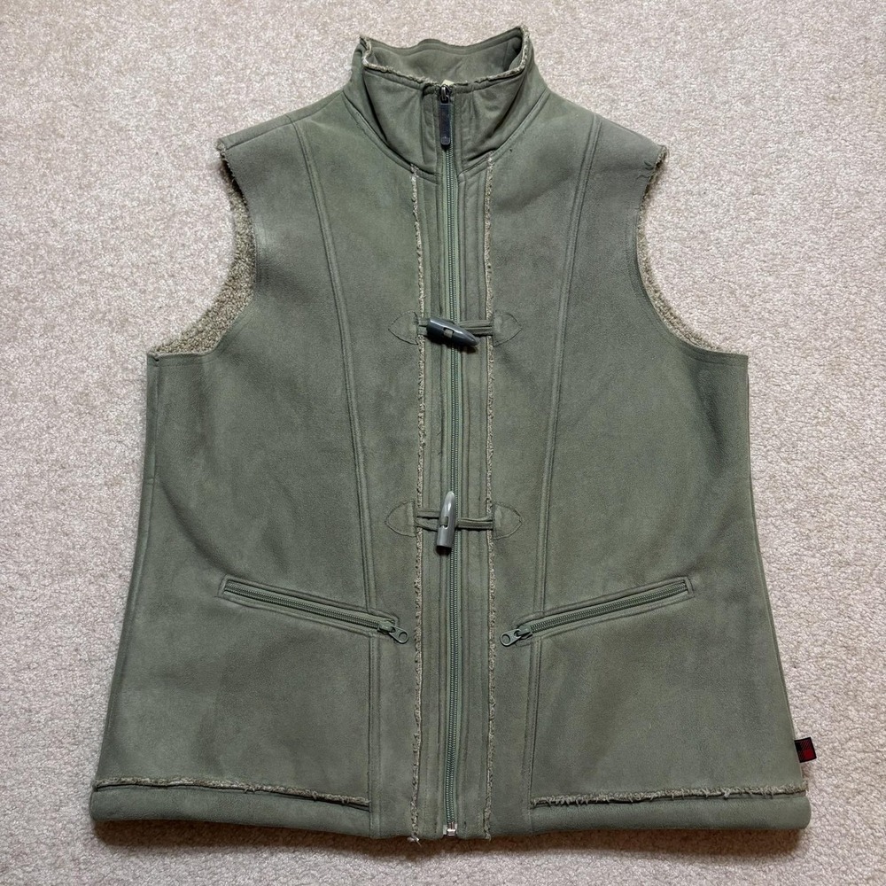 Woolrich Vest Womens Large Sage Green Faux Shearling Sherpa Fleece Zip Toggles